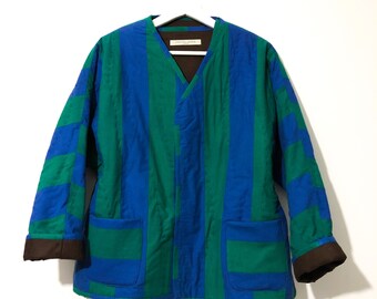 Handgemaakt gestreept katoenen gewatteerd jack: blauw en groen patchwork