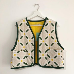 Handmade- Hand quilted cotton gilet, printed cotton gilet, colourblocked lining vest, vest with pockets,soft cotton quilted womens gilet