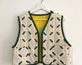 Handmade- Hand quilted cotton gilet, printed cotton gilet, colourblocked lining vest, vest with pockets,soft cotton quilted womens gilet