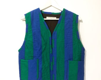 Handgemaakt gestreept katoenen gewatteerd hemd: blauw/groen gepatchte bodywarmer