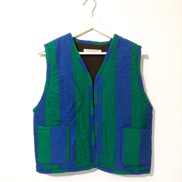 Fait main - Gilet matelassé à la main, gilet en coton à rayures rapiécé à la main, gilet matelassé à la main bleu/vert, gilet rembourré