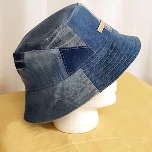 Denim patchwork reversible bucket hat gift for denim lover bucket hat with green checkered lining