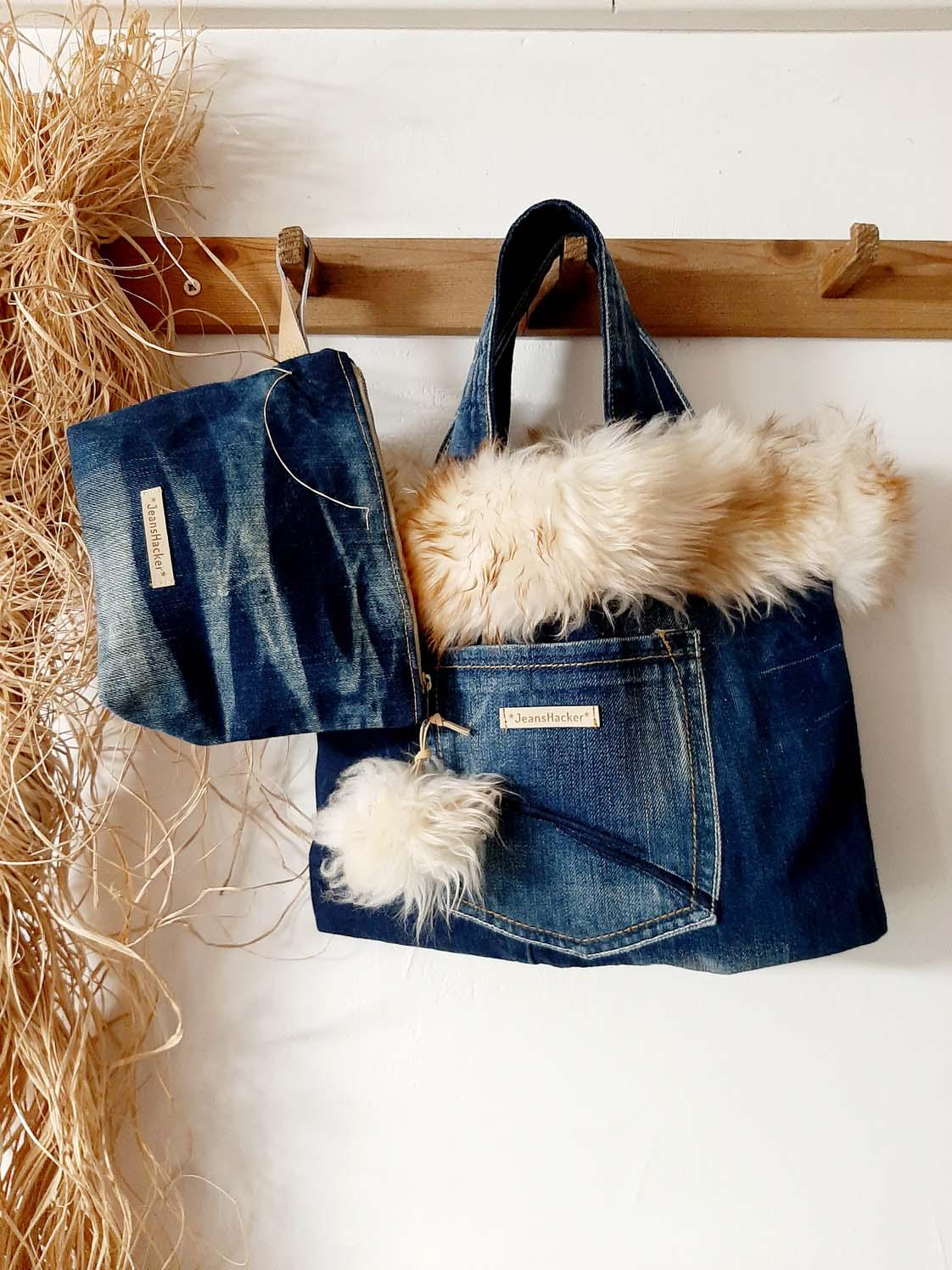 S size potteri bag denim × fur Upcycled Denim Tote Bag With Fur Detail & Matching Pouch - Etsy