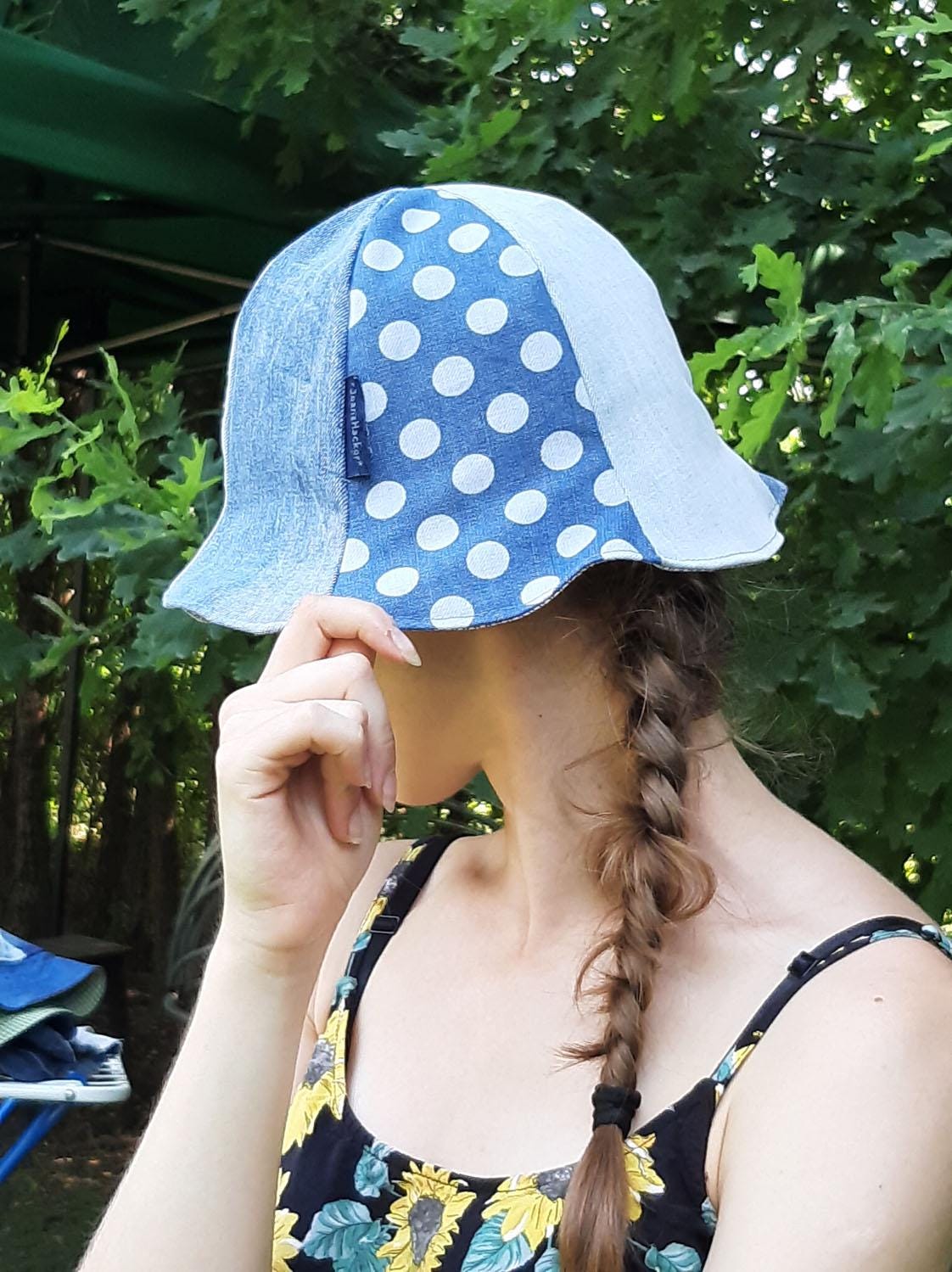 Denim Reversible Tulip Hat Gift for Denim Lover Blue Polka  display picture 1