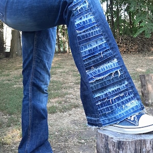Upcycled Denim Flare Jeans with Raw Hem Patchwork Panels Rustic Boho Frayed Denim Reworked Vintage Jeans with Fraying Denim Wedge Panels
