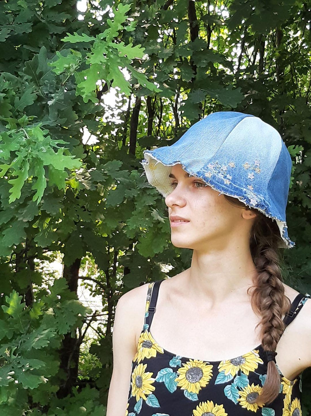 Custom Jean Embroidered Reversible Denim Floppy Top Hat Medium‎ Hand Crafted | Accessories | Customjean Embroidered  main image 4