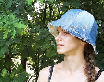 Vintage 1970s Floral Polka Dot Denim Sun Hat Wide Brim Reversible Blue Medium 70s Floppy Hat - Etsy main image 3