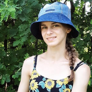 Denim reversible bucket hat gift for denim lover bucket hat with pocket detail hat for festival sun hat