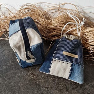 Conjunto de bolso y estuche de patchwork con cordón, organizador de viaje de mezclilla reciclada, neceser con bordado, estuche pequeño con cremallera, regalo para amantes de la mezclilla