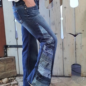 Upcycled Flared Jeans with Waistband Patchwork Inserts Boho Festival Denim One-of-a-Kind Patchwork Flare Jeans Reimagined from Skinny Denim