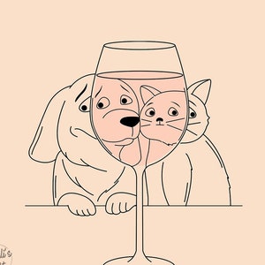 Dog and Cat wall art,cat and wine,cat and dog poster,funny dog art,kitchen wall art,wine lover gift,animal art print,wine,above bed decor image 1