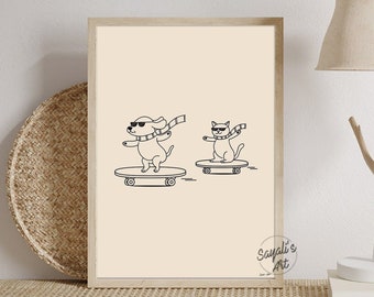 PET WALL ART,Cat Dog Line Art,funny pet art, Skateboarding art,Dog and Cat wall art,cat and dog poster,funny dog art,minimal pet line art