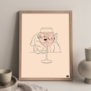 funny cat and dog looking at a glass of wine,
minimal line art