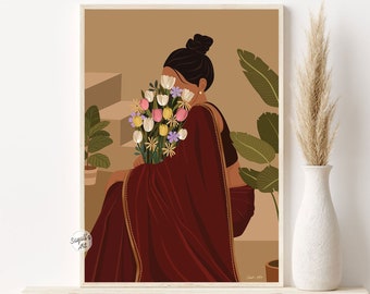 Indian woman with flowers, Desi art, Indian art, South Asian art , Brown Girl art Modern Woman in Saree Art, Tamil Art,digital download