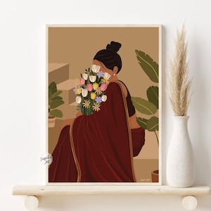 Indian woman with flowers, Desi art, Indian art, South Asian art , Brown Girl art Modern Woman in Saree Art, Tamil Art,digital download