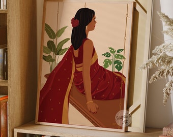 インドの壁掛けアート、ブランコに乗った女性のプリント、デジのリビングルーム装飾、赤いサリーのアート、伝統的な南アジアの家、デジタルダウンロード