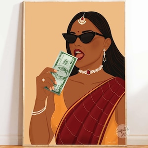 Rich Indian Woman Art, Desi Wall Art, Powerful South Asian Woman, Indian Art,Tamil Girl, Brown Girl with Money,Desi Pop Art,Digital download