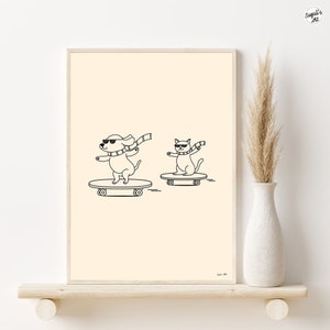 May include: A black and white line drawing of a dog and a cat wearing sunglasses and scarves, skateboarding. The dog is on the left and the cat is on the right. The background is a light beige color.