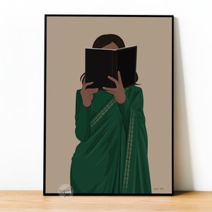Indian Woman Reading Book Art, Women In Saree, Boho Art, Desi Art, Book Lovers Gift, South Asian Art, Indian Art,Brown Girl,digital download