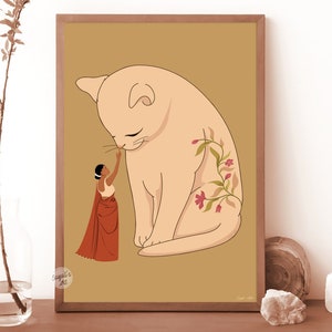 Pode incluir: Uma ilustra&ccedil;&atilde;o digital de uma mulher com um sari vermelho que estica a m&atilde;o para tocar o nariz de um gato grande de cor clara com videiras florais no lado. O fundo &eacute; de cor marrom claro.