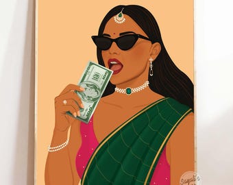 ボスベイビー デシアート、インド人女性のお金プリント、サリーポップアート、ブラウンガールボスデコレーション、デシオフィスウォールアート、即時ダウンロード