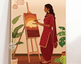 女性画家アートプリント、インド人アーティストのウォールアート、ブラウンガールデコレーション、アートスタジオプリント、インド人女性アート、アーティストギフト、即時ダウンロード