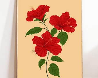 インド産ハイビスカスの花のアート、トロピカルな植物画、インド風の花の壁掛けアート、ボヘミアン風の花の装飾、インドの花市場、即時ダウンロード
