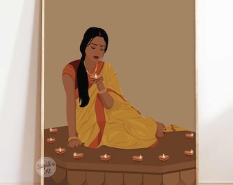 ディワリのウォールアート、インド人女性がディーヤを灯すプリント、黄色のサリーのフェスティバル装飾、デシ・ディワリ装飾、南アジアのアート、デジタルダウンロード