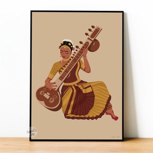 Veena Art, Indian Wall Art, Tamil Girl,Desi Art, Saraswati Veena, Indian Woman Art, South Asian, Musical instrument Decor, Musician Gift