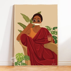 Indian Woman Drinking Chai Art, Desi Art, Indian Wall Art, South Asian Print, Tea Lovers Art, Modern Indian woman, brown girl printable art