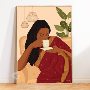 Indian Woman Chai Wall Art, South Asian Art, Dining Wall Art Chai Poster, Indian Kitchen Art, Desi Art, gift for tea lover, digital download