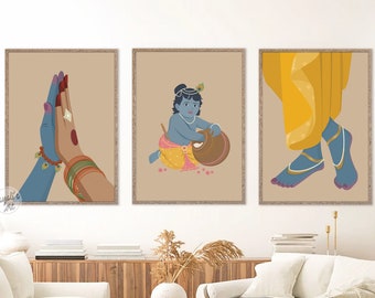 May include: Three framed illustrations of the Hindu deity Krishna. The first image shows Krishna's hands in a prayer position. The second image shows Krishna as a child holding a pot. The third image shows Krishna's feet.
