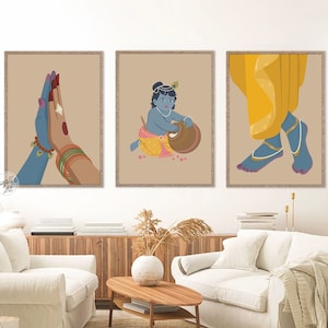 Set of 3 Krishna art, krishna feet wall art, Radha Krishna art , Krishna Wall Art, Hindu God art ,Indian Decor, instant download