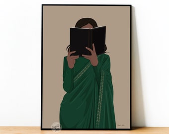 Indian Woman Reading Book Art, Women In Saree, Boho Art, Desi Art, Book Lovers Gift, South Asian Art, Indian Art,Brown Girl,digital download