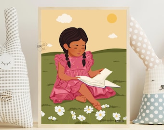 インドの女の子が本を読んでいるアート、デシキッズの子供部屋プリント、ブラウンガールの部屋の壁アート、南アジアの読書好きの装飾、プレイルームアート、即時ダウンロード
