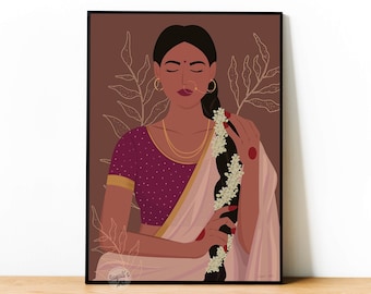 Indian Women In Saree, Boho Art, Desi Art, Indian Book Lovers Wall Art, South Asian Art, Indian Art, Tamil Girl,Brown Girl,Digital download