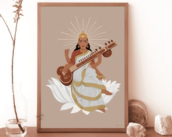 サラスワティの壁画、インドの壁画、ヒンドゥー教の知識と音楽の女神のプリント、プージャルームの装飾、書斎のアート、デジタルダウンロード