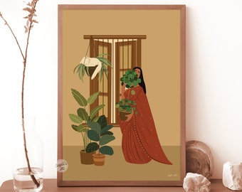 Arte indiana dedicada às plantas, Arte indiana, Mãe de plantas indiana, Impressão botânica, Plantas de interior, Arte do sul da Ásia, Garota morena, Presente para amante de plantas, Download digital