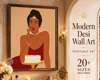 インド人女性のグルメアート、ブラウンガールウォールアート、デジケーキプリント、モダンなインド人女性のインテリア、セルフケアギフト、即時ダウンロード
