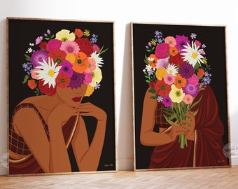 Set of 2 Indian Woman Flower Head Wall Art, Desi Art,Flower Woman Art, Brown Girl art, South Indian Art, Tamil girl, indian Digital Download