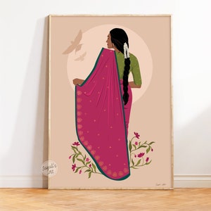 Desi Art,South Asian Woman,Brown Girl Portrait, Modern Woman in Saree Art,South Indian Art, Tamil Art,Indian Woman Wall Art,digital download