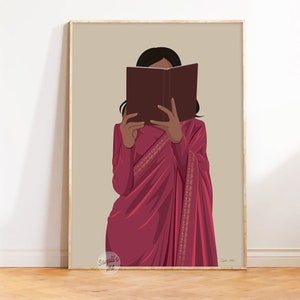 May include: A digital illustration of a person wearing a pink saree with gold embroidery, holding a closed book in front of their face.