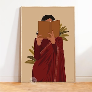 Indian Women Reading Book art , Indian Art, Desi Art, Book Lovers Wall Art, South Asian Art, Tamil Girl, Brown Girl, digital download