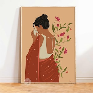 Indian woman having tea, Desi Art, chai art, Indian Art, Indian Wall Art, South Asian Art, Tamil girl , Brown Girl,  Digital download