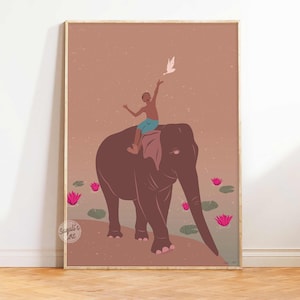 indian painting,desi art,Boy and elephant,elephant painting,indian boho art,Indian village art ,spirit animal art,instant download