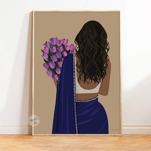 Curly Hair Indian Woman Art, Desi art, Woman In Saree, Indian Art, Tamil Girl, South Asian Art, Brown Girl Art, Desi Print, Digital Download