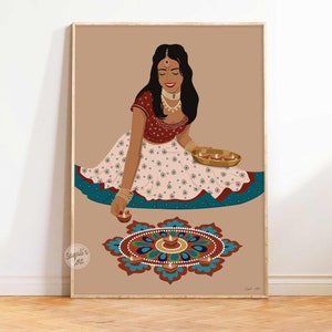 Indian woman art, Diwali art, Desi Art, Woman making rangoli, South Asian art, Brown Girl art, Diwali Lights, Diwali Decor, instant download