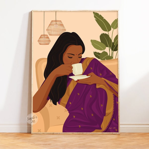 Indian Woman Chai Wall Art, South Asian Art, Dining Wall Art Chai Poster, Indian Kitchen Art, Desi Art, Housewarming Gift, digital download