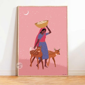 Indian village art,Girl and deer,Indian woman art, illustration,desi art,feminine wall art,indian painting, ,instant download