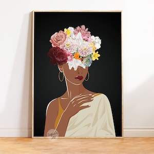 Flower head South Asian art, desi art, indian art, modern indian woman in saree, art , South Indian Art, Brown girl art ,Digital download